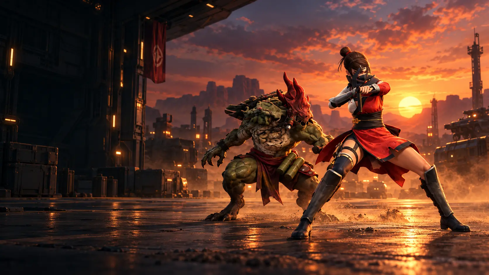 Outpost Zero key art: a masked fighter in red squares up to a horned brute on the outpost airfield at sunset